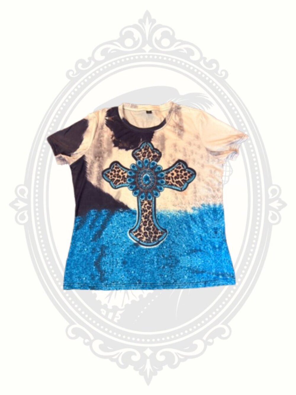 Cow Print Cross Graphic T Shirt Blue Tie Dye Stretch Top